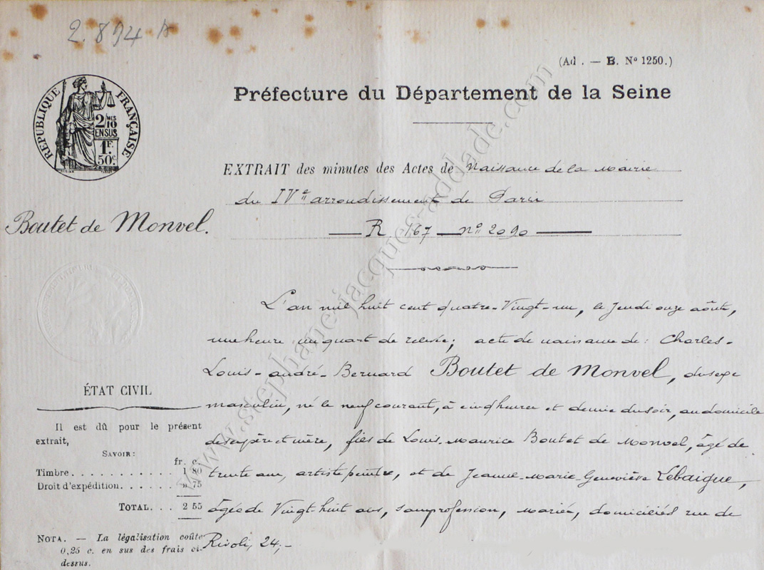 Extrait de l’acte de naissance de Bernard Boutet de Monvel en 1881