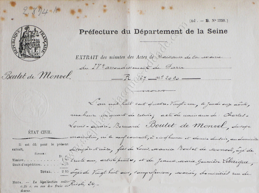 Extract from Bernard Boutet de Monvel’s birth certificate in 1881