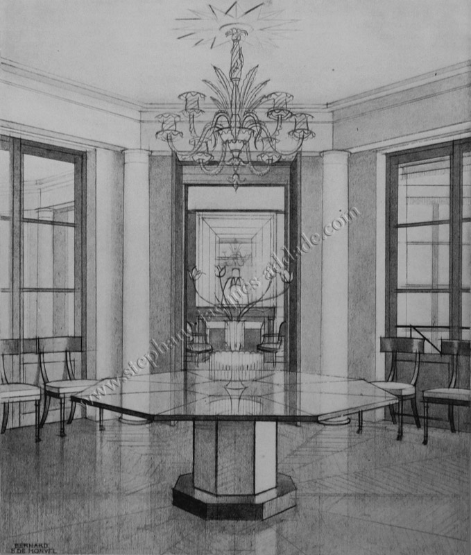  Thérèse Bonney - The large living room. The mirror above the fireplace by Louis Süe and light fountain by La Compagnie des Arts Français in 1927