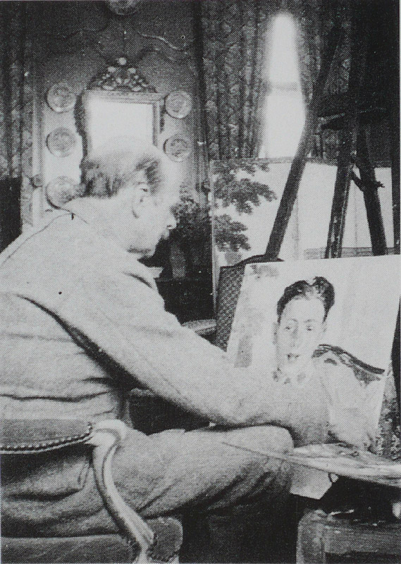 Jacques-Emile Blanche peignant le portrait de Francis Poulenc dans le salon jaune d'Offranville en juillet 1920