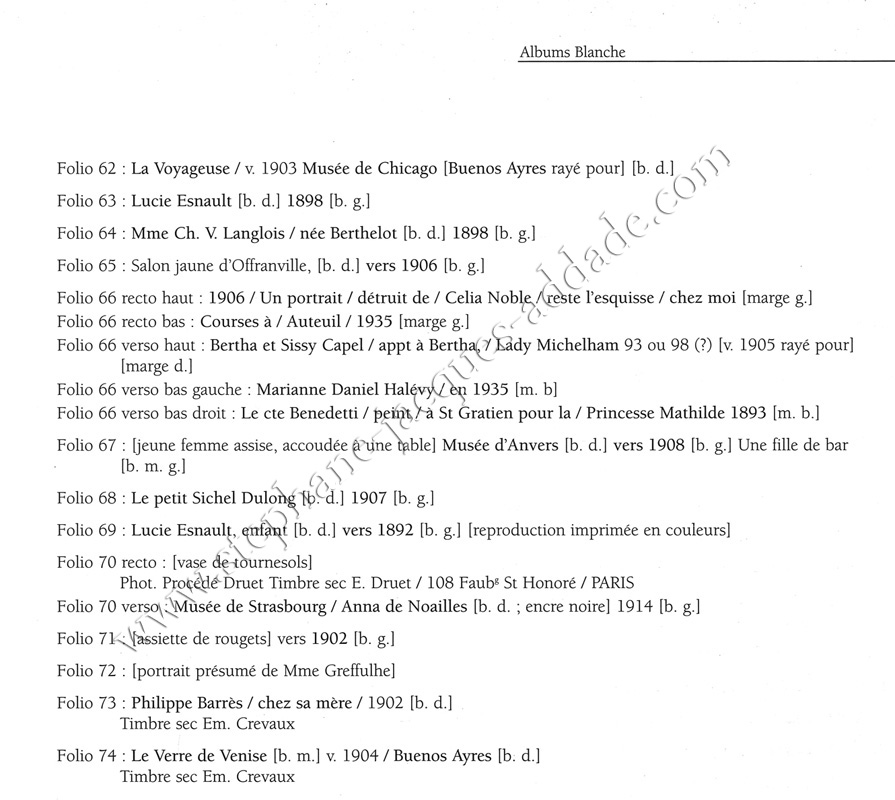 Extract from the inventory of Albums Blanche (White Albums)