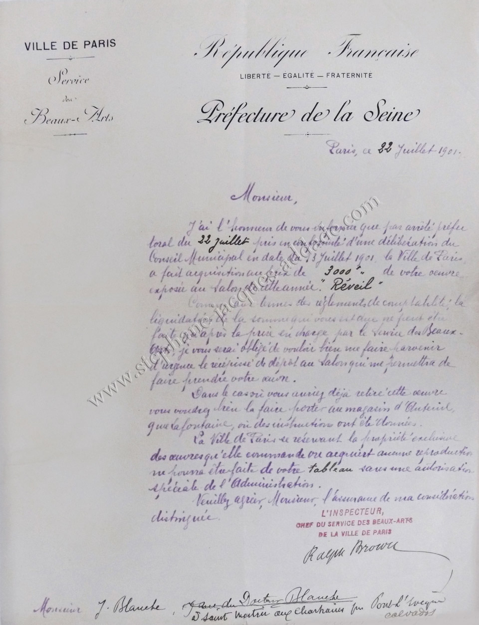 Lettre d'achat de Réveil par la Ville de Paris en juillet 1901