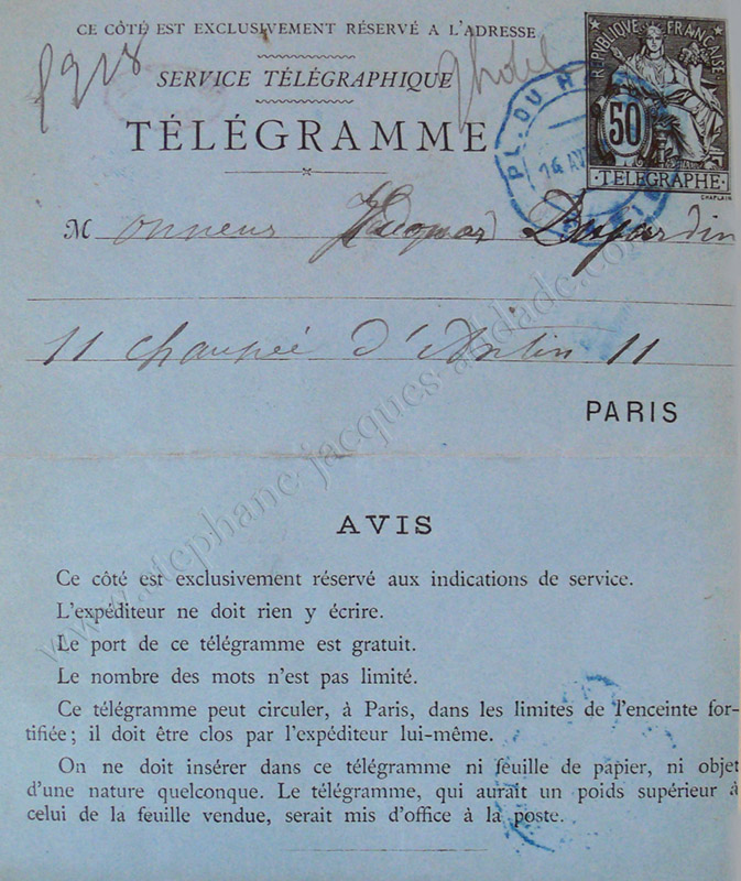 Télégramme de Méry Laurent à Édouard Dujardin : adresse.