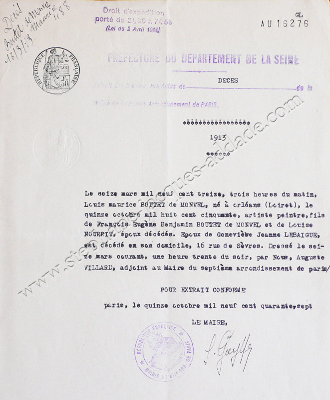 Maurice Boutet de Monvel’s death certificate from 1913